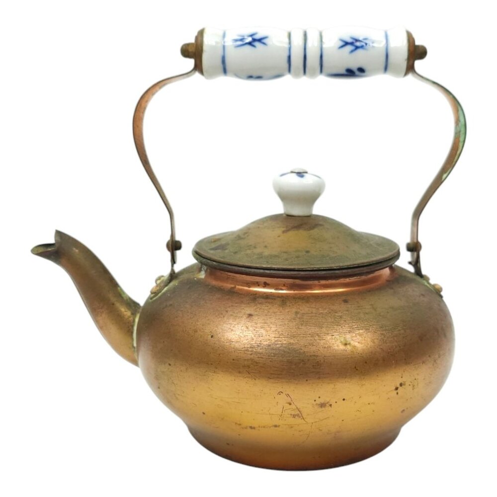 Tea Kettle Copper Vintage 4 Cup Blue White Porcelain Handle Knob Farmhouse Decor